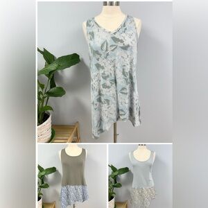 LOGO Lori Goldstein Tank Top L Lot of 3  Olive & Sage Ditsy Floral, Aqua Leaves